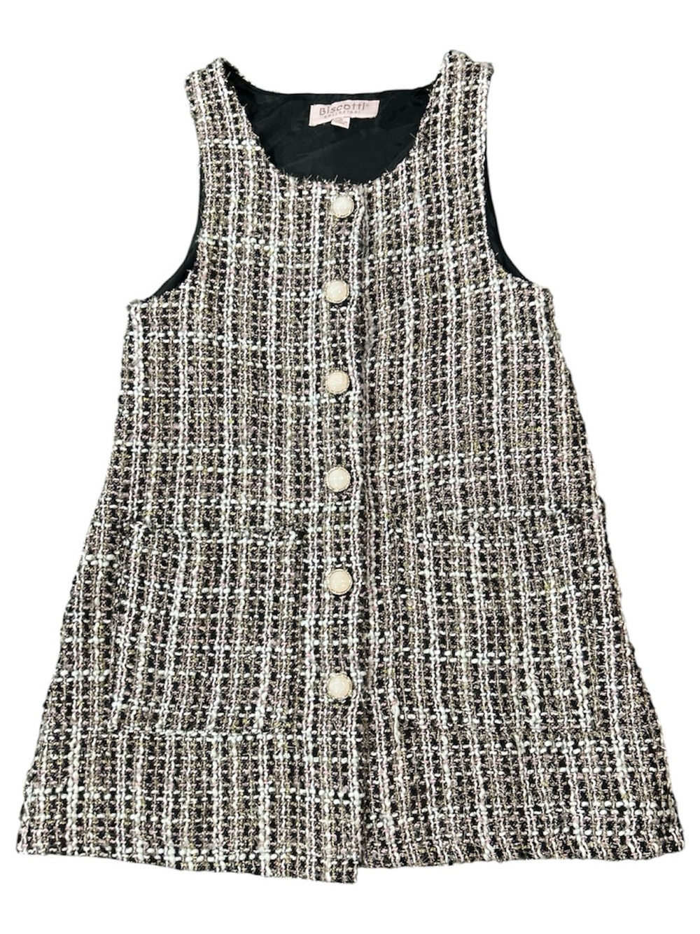Biscotti Girls Black & White Tweed Metallic Plaid Button-Front Dress Sz 5